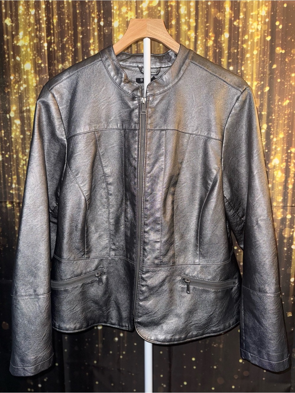 Baccini Women's Metallic Silver Zip-Front Faux Leather Jacket